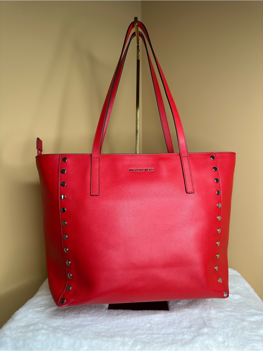 Michael Kors Rivington Stud Large Leather Tote Bag Bright Red - Preloved
